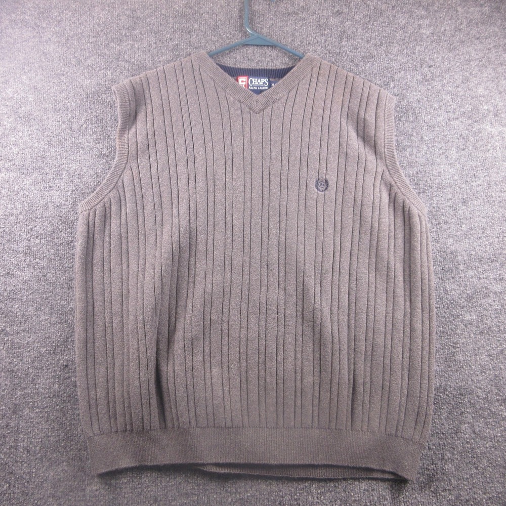 Chaps Ralph Lauren Sweater Vest Mens XL Gray Rib Knit V Neck Pullover‎ Logo